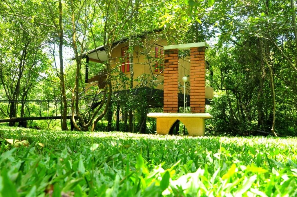 Lush green tropical gardens and serene landscape at Ambalama Leisure Lounge, an eco-friendly hotel in Hanwella, Sri Lanka.