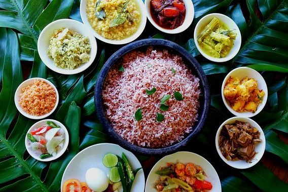 Traditional Sri Lankan red rice and curry served at Ambalama Leisure Restaurant